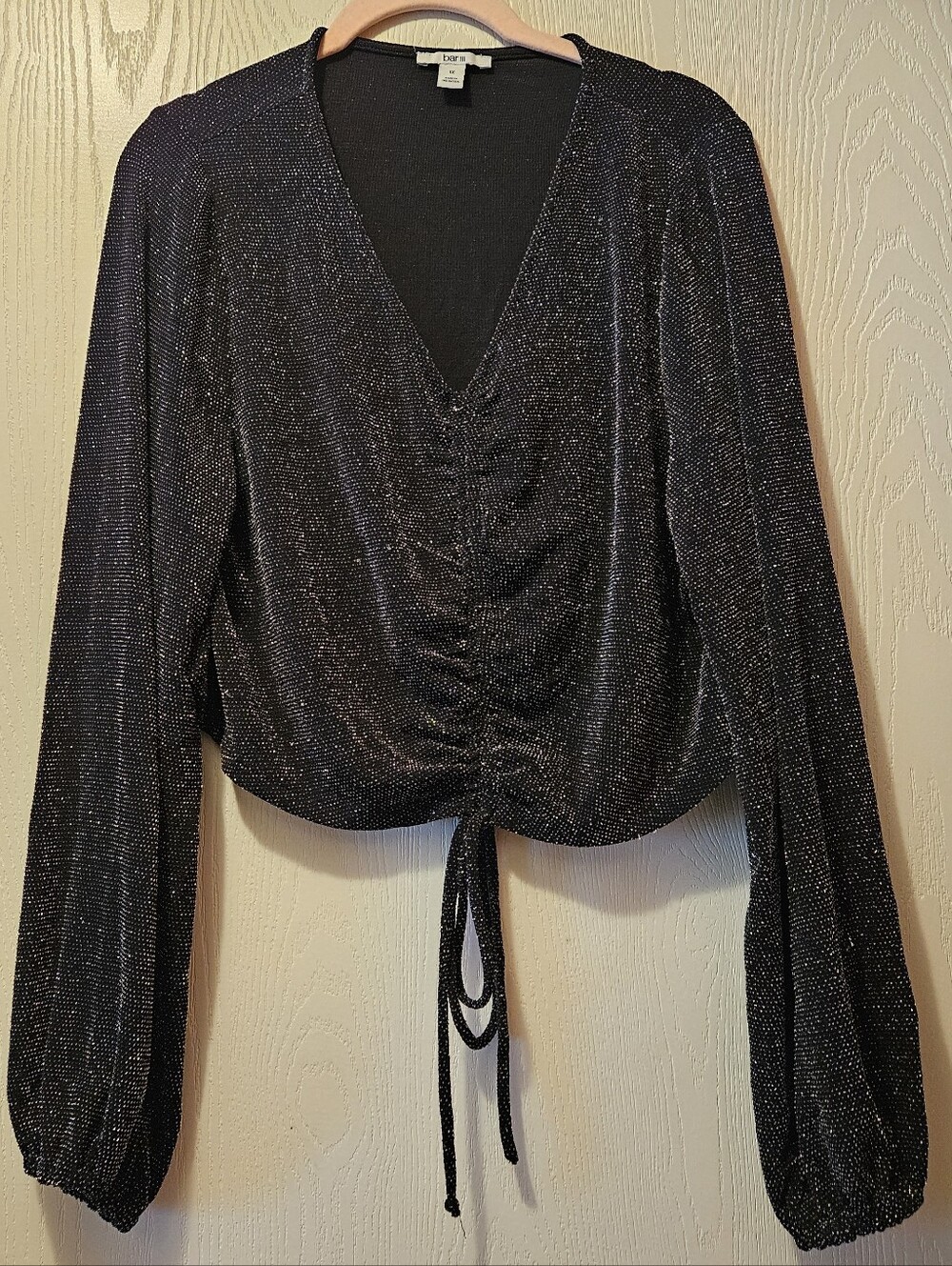 Bar III Black Sparkle Crop Ruched Longsleeve Top, Size 1X